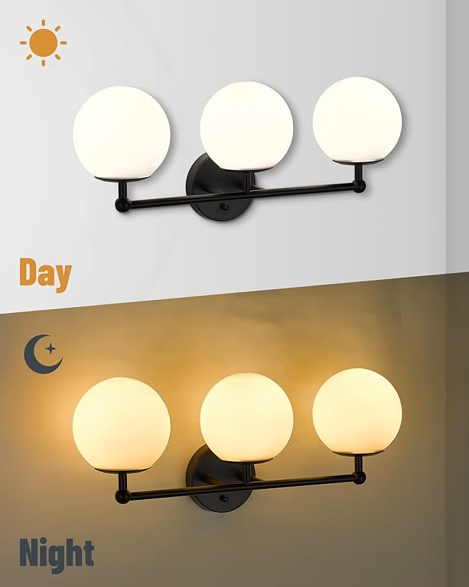 AKEZON 3-Light Black Bathroom Vanity Light Fixture, Modern Minimalist Vanity Lights with Milky White Glass Globe Shade, Wall Sconce Over Mirror Lighting for Bathroom Dressing Table Bedroom Living Room