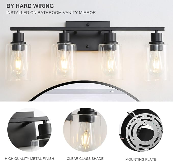 Bathroom Vanity Light Fixtures, 4-Light Matte Black Bathroom Lights, Wall Sconces with Clear Glass Shade for Hallway Farmhouse Bedroom Living Room