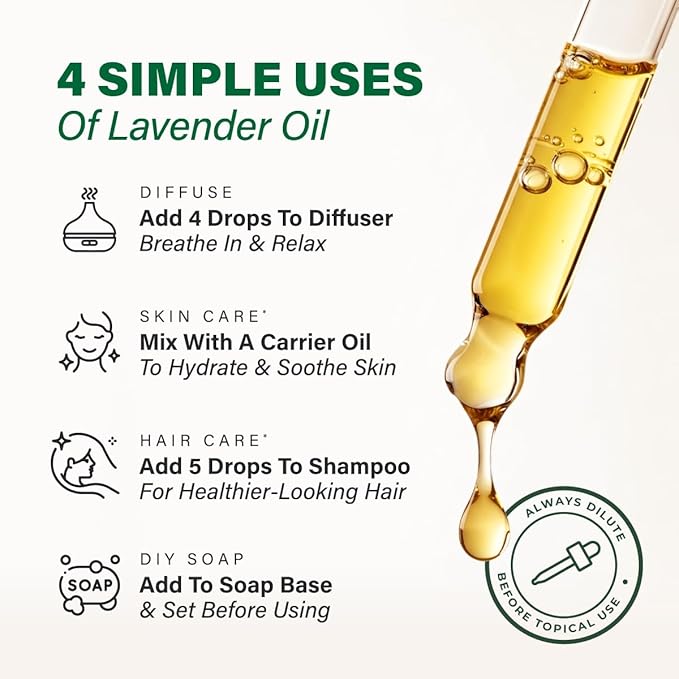 100% Pure Lavender Oil - 4 Fl Oz Lavender Essential Oil for Hair, Skin, Diffuser, Aromatherapy & DIY Soap Making Scent