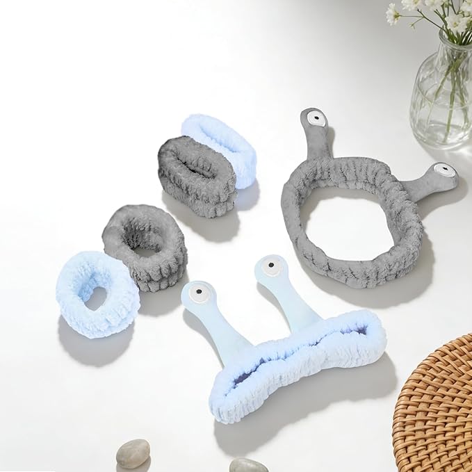 Snail Face Wash Headband Skincare & Wrist Bands for Washing Face Set Cute Spa Headband for Women and Wrist Faces Wash Bands for Shower, Facial Cleaning, Soft Coral Fleece Makeup Headbands,Blue ＆ Gray