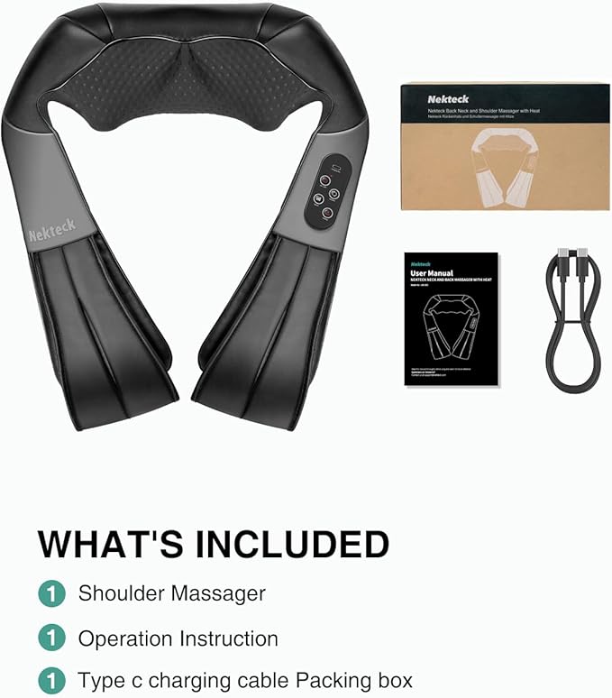 Nekteck Shiatsu Neck and Back Massager with Soothing Heat, Electric Deep Tissue 3D Kneading Massage Pillow for Shoulder Leg Body Muscle Pain Relief, 3 Speed Intensities (Rechargeable)