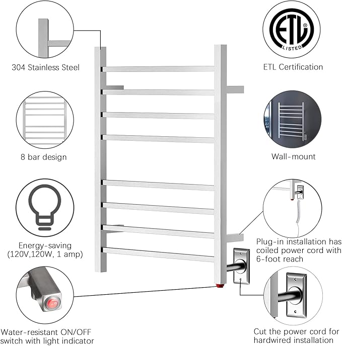 HEATGENE Towel Warmer, Heated Towel Warmer Rack, Wall-Mounted Hardwired/Plug-in Electric Towel Warmers for Bathroom, Hot Towel Rails - Brushed