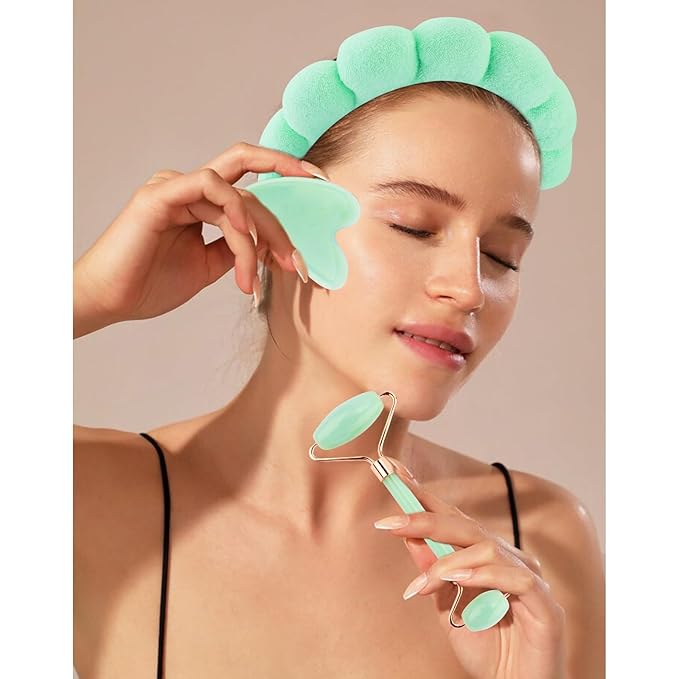 Chanaco Spa Headband and Wristbands for Women Skincare Headband for Washing Face Gua Sha & Jade Roller Facial Tools Green Makeup Fash Wash Hairband Teen Girl Gifts Trendy Stuff