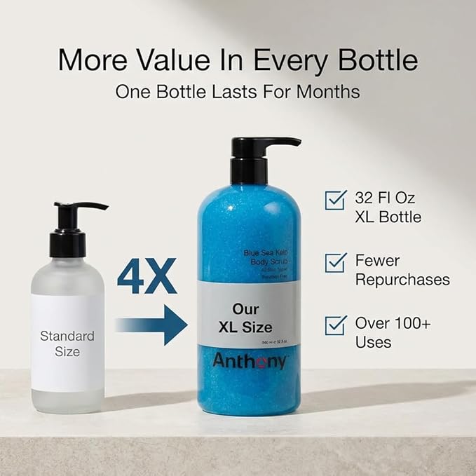 Anthony Exfoliating Body Scrub, Sea Salt, Vitamin C & Aloe Vera, Deep Cleans, Smooths Rough Patches, Soothes & Protects Skin, Hydrating Blue Sea Kelp Body Wash, 32 Fl Oz