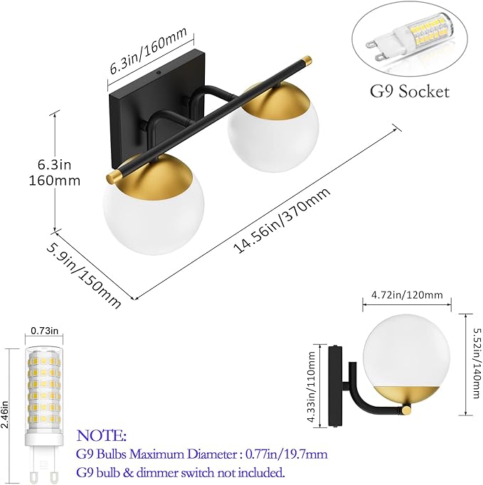 Ralbay Black and Gold Bathroom Vanity Light 2-Light Mid Century Modern Vanity Light Fixtures Black Milky Glass Globe Wall Light for Bathroom