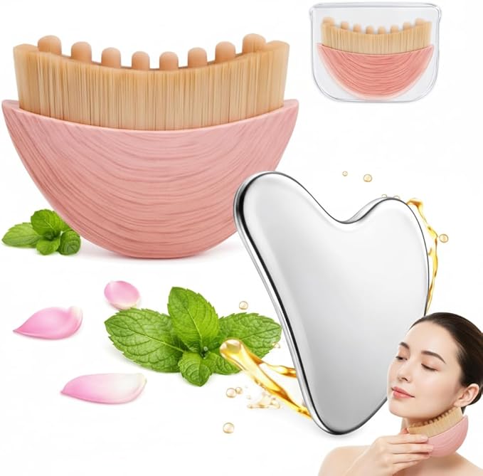 Lymphatic Contour Face Brush with Stainless Steel Gua Sha Tool - Lymphatic Face Brushes with GuaSha Tool | Gua Sha Facial Tools | Lymphatic Drainage Massager Face Brush for Sculpting