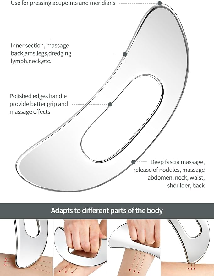 3-in-1 Stainless Steel Gua Sha Massage Tool Set, Muscle Scraper & IASTM Tools for Soft Tissue Mobilization, Myofascial Release, Body Skin Massage, Physical Therapy Sore Muscle Relief with Travel Pouch