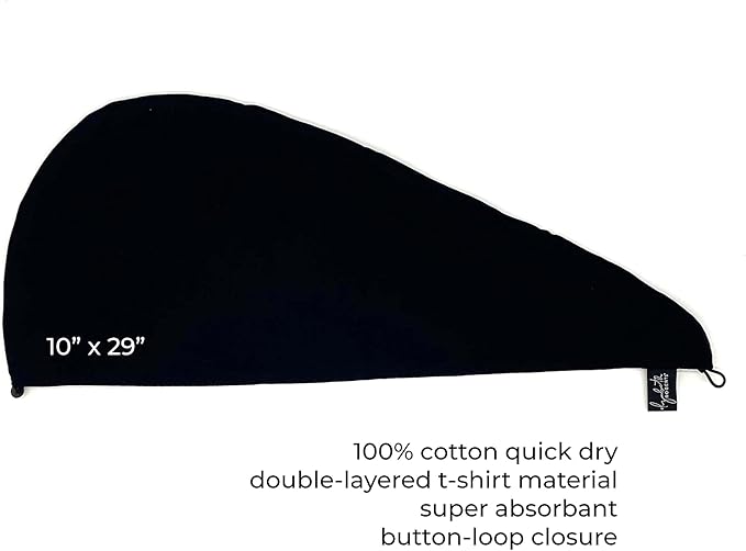 Elizabeth Roberts 100% Cotton T Shirt Hair Towel Wrap Plopping Essential Turban Style Hair Drying Towel for Women and Men All Hair Types and Styles, Black/Aquamarine Reversible