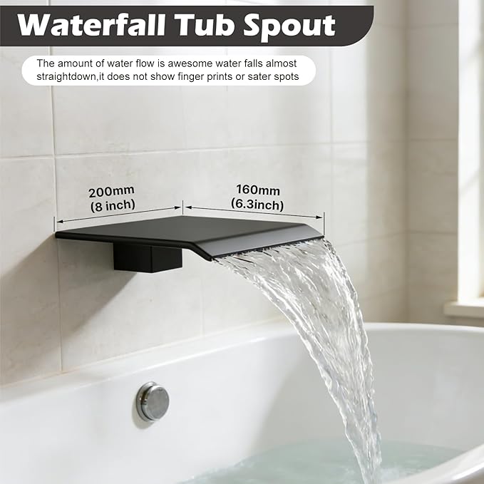 Midanya Shower System with Tub Spout,Bathtub Shower Faucet Set with Square Rainfall Head and Handheld Sprayer Wall Mount Tub Faucet Set with Valve and Trim Kit,16 Inch Matte Black