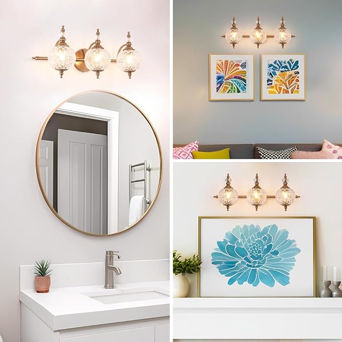 Brushed Antique Brass Bathroom Vanity Light Fixture Vintage Style - 3 Light G9 Bulb Compatible, 23" Wide Bathroom Lighting Over Mirror with Hand-Etched Glass Shades, Easy Mount for Makeup Area
