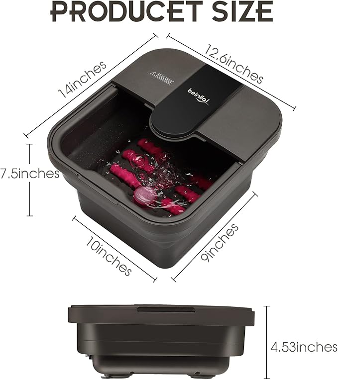 Beinilai Collapsible Foot Spa,Foot Bath with Heat and Massage and Bubble Jets,Foot Soak Tub with Six Non Motorized Rollers,Acupressure Massage Points,Red Light and Removable Pumice Stone
