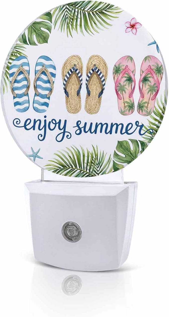 Night Lights Auto Sensor Flip Flops Night Light Enjoy Summer Green Palm Leaves Round Lamp Plug-in LED Nightlights Dusk to Dawn for Living Room Bedroom Bathroom Hallway Wall Decor