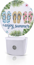 Night Lights Auto Sensor Flip Flops Night Light Enjoy Summer Green Palm Leaves Round Lamp Plug-in LED Nightlights Dusk to Dawn for Living Room Bedroom Bathroom Hallway Wall Decor