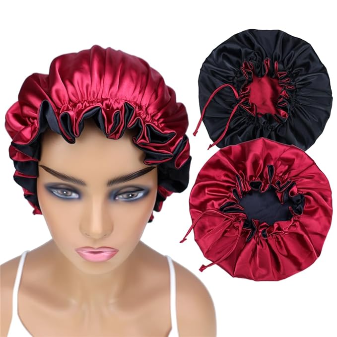 Adjustable Silk Satin Bonnet Hair Care Caps for Women Girls Loose-fitting Reversible Sleeping Cap Shower Caps Hair Wrap Bonnets (008 Wine/Black)