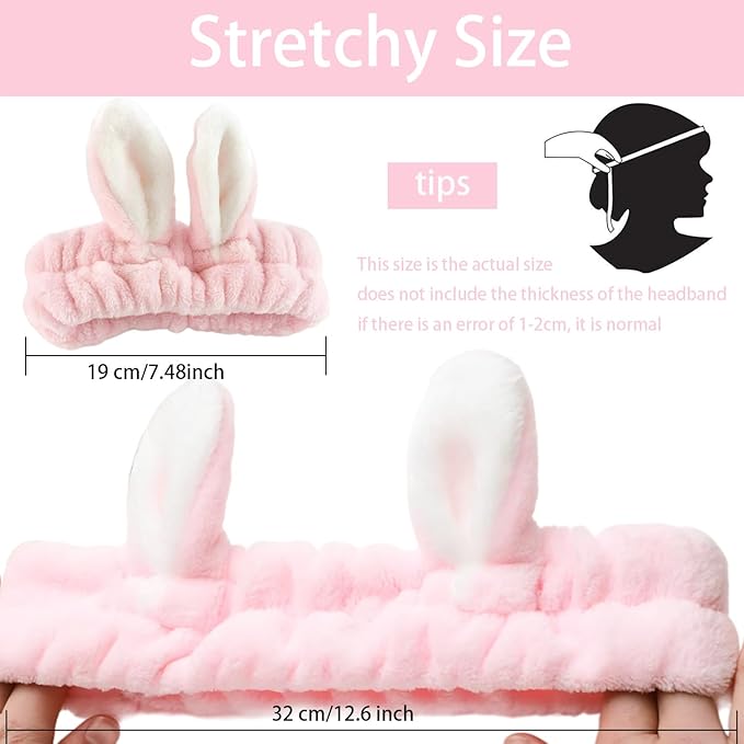 musejoy 2 Pcs Headband Bunny Ears Headband, Cute Spa Headbands for Washing Face Skincare Makeup Headbands for Women Girls Trendy Stuff Present Soft Coral Fleece Hair Accessories(White+ Pink)