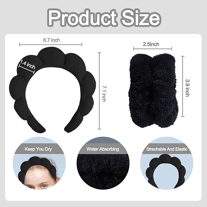 Beleki Spa Headband for Washing Face, Sponge Makeup Skincare Headband & Wristband Set Non Slip Headbands Soft Puffy Headwear Hair Accessories for Women Girls, Black