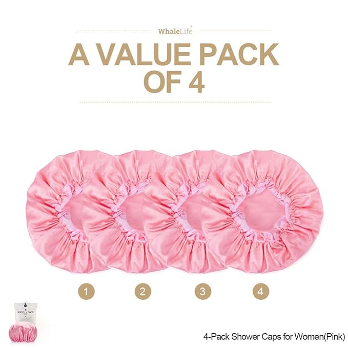 Shower Cap for Women Reusable Extra Large Shower Cap for Men (Pink 4 Pack Large) Satin Double Layer EVA Waterproof Long Hair Cap