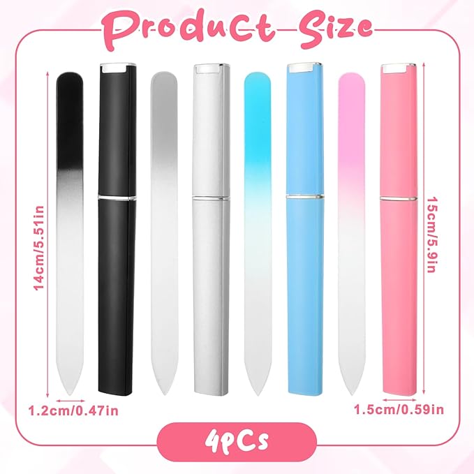 4 Pack Glass Nail File Set with Case – Double-Sided Crystal Nail Files for Women, Professional Fingernail & Pedicure Care, Portable Travel Manicure Kit