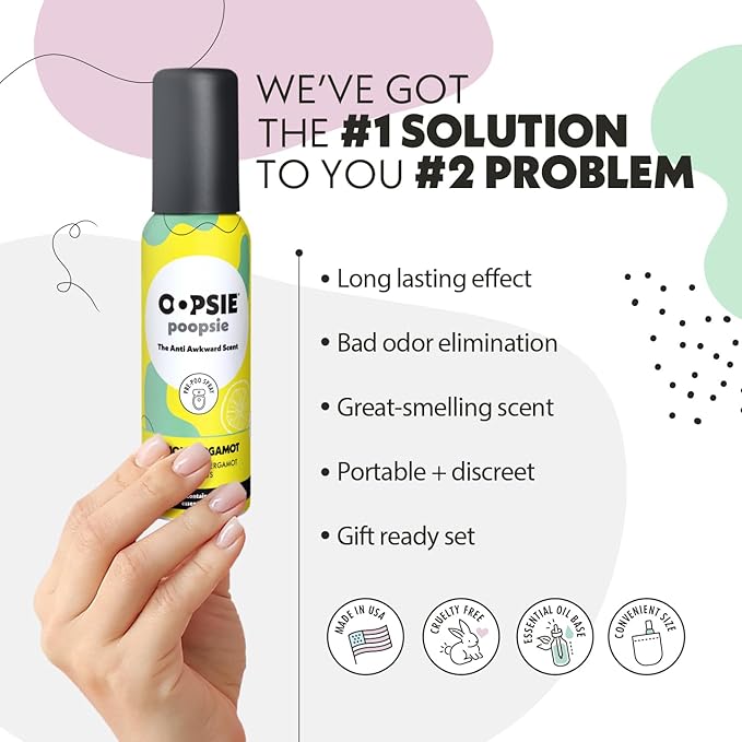 Oopsie Poopsie Toilet Spray, Travel Essentials, Each Up to 300 Uses, On-The-Go Bathroom Odor Deodorizer with Essential Oils, TSA Approved Size Lemon Bergamot 1 Pack, 2 Fl Oz