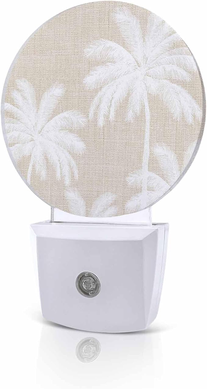 Night Lights Auto Sensor Tropical Palm Trees Night Light Beige Linen Coastal Round Lamp Plug-in LED Nightlights Dusk to Dawn for Living Room Bedroom Bathroom Hallway Wall Decor
