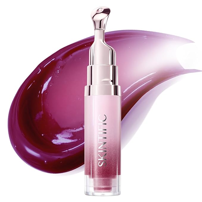 SKINTIFIC Peptide Brightening Lip Serum, Hydrating & Plumping Tinted Lip Gloss, Moisturizing Lip Balm with Polypeptides & Squalane for Glossy Sheer, Smooth Lips(07U Berry Velvet)