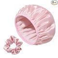 Three-Layer Terry Cloth Lined Satin Shower Cap, with Silk Hair Ties, Microfiber Waterproof Reusable Large Size Shower Cap for Women Long Thick Hair (Pink)