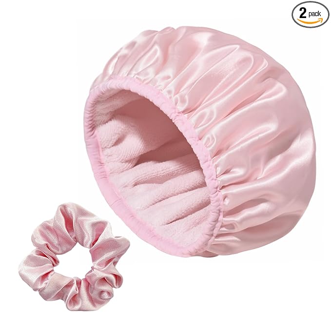 Three-Layer Terry Cloth Lined Satin Shower Cap, with Silk Hair Ties, Microfiber Waterproof Reusable Large Size Shower Cap for Women Long Thick Hair (Pink)