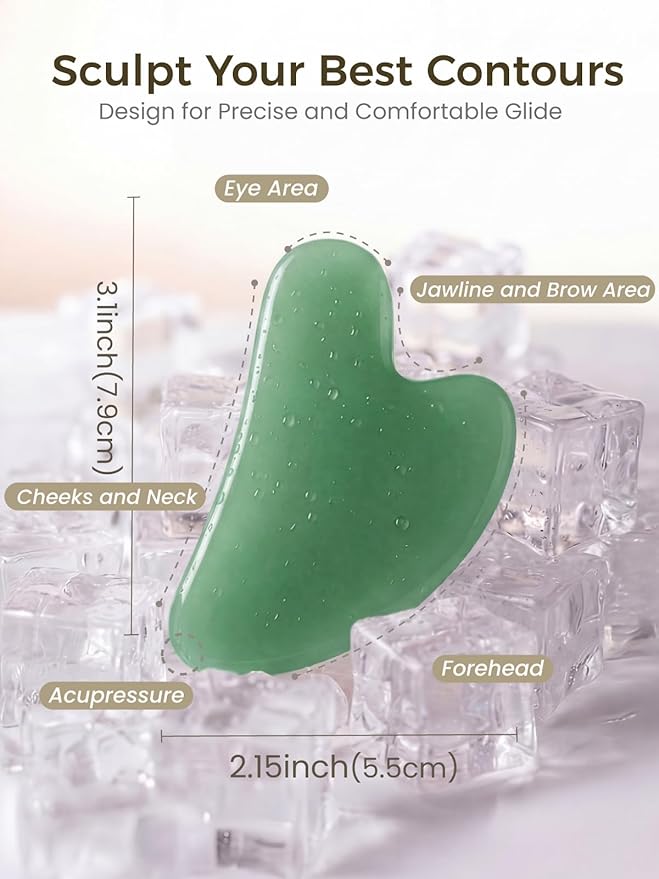 Gua Sha Facial Tool – Green Stone Guasha Tool for Face, Neck & Body – Gua Sha Tool for Lymphatic Drainage, Puffiness Reduction & Targeted Tension Relief – Beauty Skin Care Gift (Light-Green)