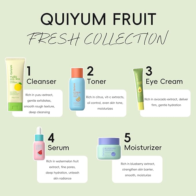 QUIYUM Fruit Skincare for Teens, 5 Daily Routine Beauty Skin Care Sets - Exfoliating, Smooth, Clean, Oil Control, Firm, Hydrating, Glow Up, Facial Skincare Gift Set for Girls Women, for All Skin Types