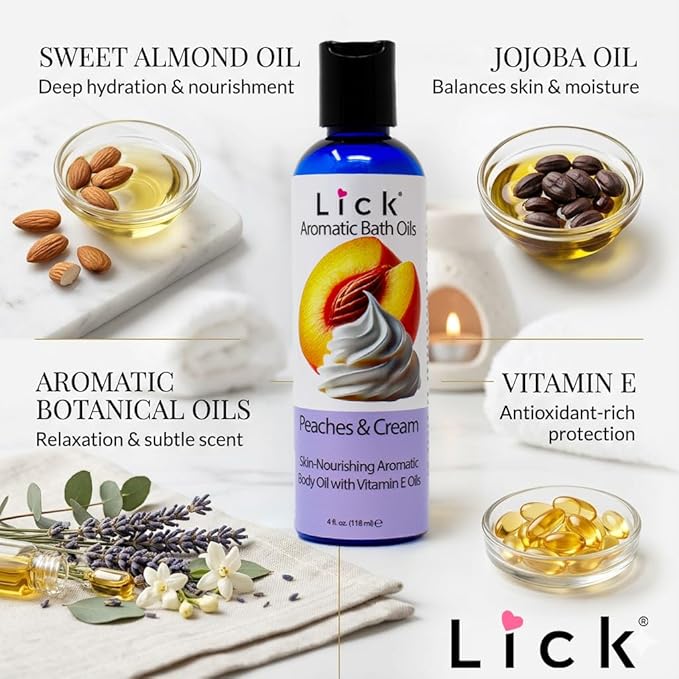 Lick Peaches and Whipped Ceam Aromatic Bath Oil - Indulgent Dessert Blends - Aromatherapy Soak Oils for Skin Softening, 4 oz