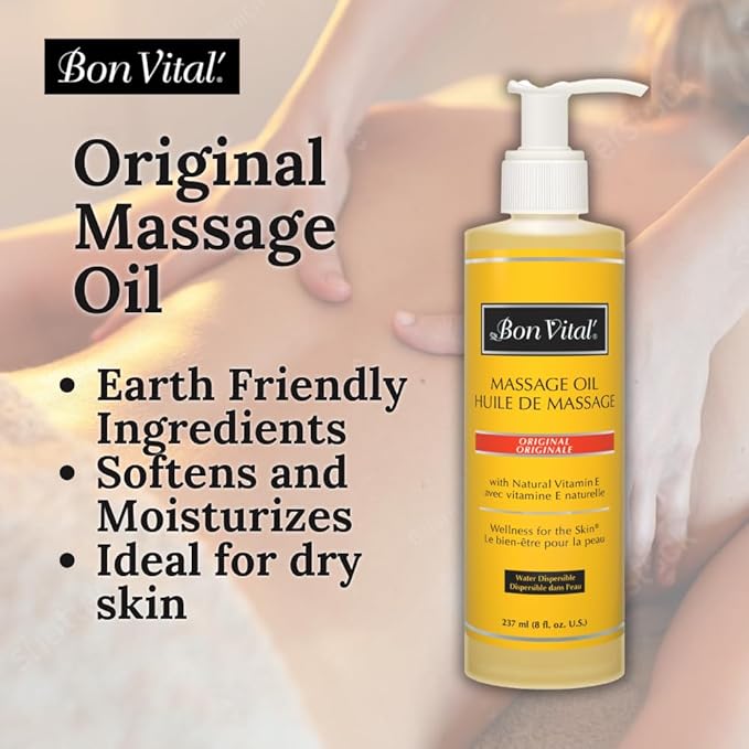 Bon Vital' Original Massage Oil, 8 Oz Bottle, Unscented Professional Massage Oil with Natural Oils & Vitamins, Water-Dispersible, No Nut Oils, Smooth Glide for All Massage Modalities