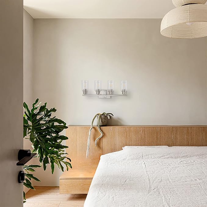 4-Light Bathroom Light Fixtures, Brushed Nickel Vanity Light with Clear Glass Shade, Modern Wall Sconce for Mirror Bedroom Hallway Farmhouse Kitchen