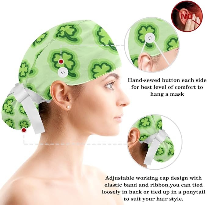 Scrub Caps Women Ponytail Cute Pink and White Leaves Caps Bouffant Working Hat Elastic Tie Back Hats with Button