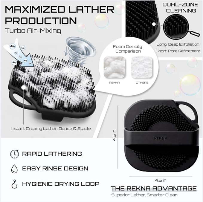 Silicone Body Scrubber for Shower - Exfoliating Body Brush with Non-Slip Grip - Durable Loofah Alternative - Soft Bristles for Gentle Cleansing, High Lather & Quick Drying, Black