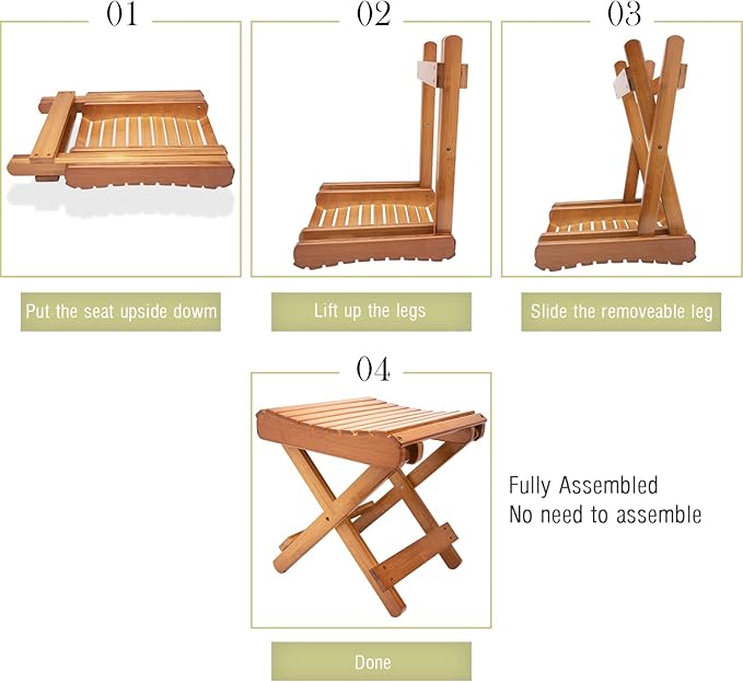 Folding Bamboo Stool for Shower, Leg Shaving and Foot Rest, Natural Bamboo Folding Stool, Folding Bamboo Shower Seat, Fully Assembled, 12 Inch High