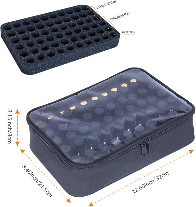 Essential Oils Carrying Case Holds 60 Grids for 1-3ML Roller Bottles 5ml, 10ml, 15ml Bottles Storage Organizer Bag Transparent, Essential Oil Bag with Detachable Sponge Pad Black