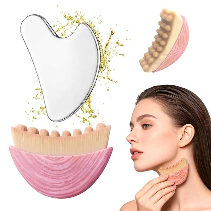 Lymphatic Contour Face Brush & Stainless Steel Gua Sha Tool Set – 2-in-1 Facial Massage Kit for Jawline Sculpting, Puffiness Reduction, Lifting & Relaxation, Lymphatic Drainage Brush with Storage Case
