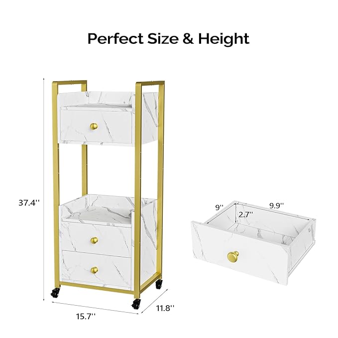 OmySalon Salon Trolley Cart with Wheels, Esthetician Cart with 3 Drawers & 2 Trays, Mobile Storage Organizer for Beauty Spa Massage Tattoo Esthetic Facial Tool Holder Station, White Marble