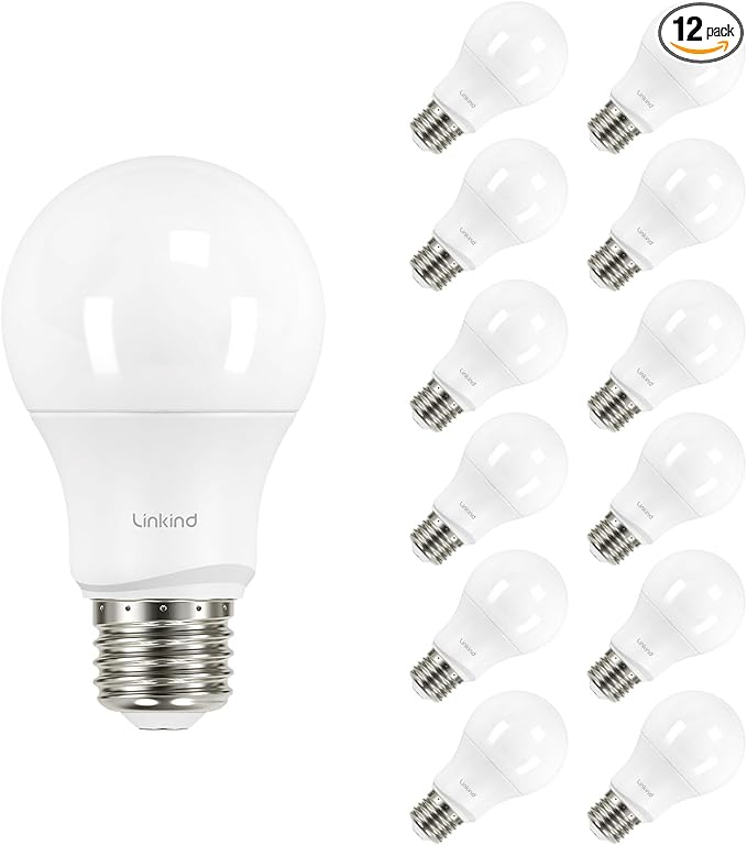 Linkind A19 LED Light Bulbs Dimmable, 60W Equivalent Light Bulbs, 9W, 5000K Daylight, 840 Lumens LED Bulbs, E26 Standard Base, 120V, Lighting for Bedroom Living Room Home Office, 12 Packs