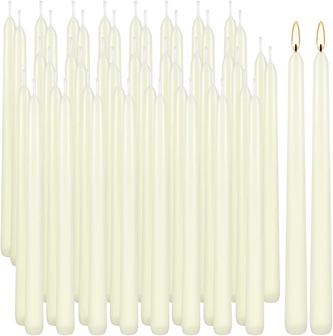 WPONSZU 50 Pack Ivory Taper Candles, 7-8 Hours Burn Time, Unscented, Smokeless and Dripless, 4/5 x 10 Inch for Christmas,Household,Dinner,Wedding,Valentine's Day,Party and Home Décor Candlesticks