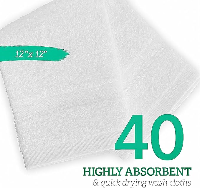 GREEN LIFESTYLE Washcloths 12" x 12" 40 Pack - 100% Cotton Wash Cloths, Soft Absorbent Face Towels, Bulk Washcloths for Body, Bathroom, Shower and Daily Use (White)