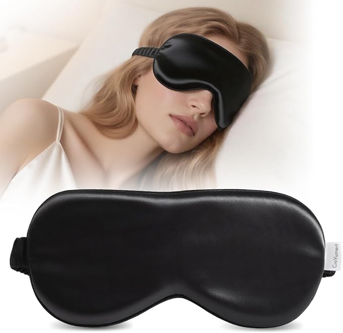 100% Pure Mulberry Silk Eye Mask - 22 Momme Adjustable Strap, Light Blocking, Silk Storage Bag & Gift Box - for Sleep/Travel/Gift, Sensitive Skin Friendly (Black)