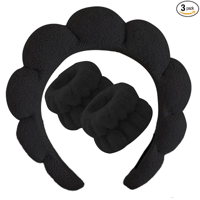 Beleki Spa Headband for Washing Face, Sponge Makeup Skincare Headband & Wristband Set Non Slip Headbands Soft Puffy Headwear Hair Accessories for Women Girls, Black