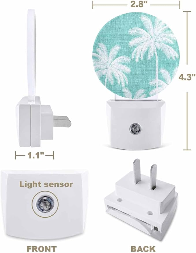 Night Lights Auto Sensor Tropical Palm Trees Night Light Teal Linen Coastal Round Lamp Plug-in LED Nightlights Dusk to Dawn for Living Room Bedroom Bathroom Hallway Wall Decor