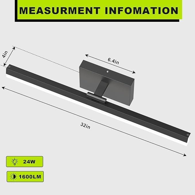 IZORRO Modern Bathroom Vanity Light 32 inch, Rotatable, 24W Dimmable Led Bathroom Light Fixture Over Mirror, Black Vanity Light Bar (Cool White 6000K)