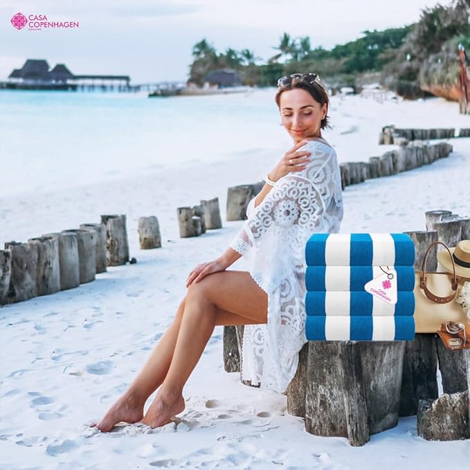 CASA COPENHAGEN Cabana Towel 4Pcs Cyan Designer Stripe Beach Towels Gift Set, 30"x60" Oversized 100% Cotton Pool Bath Towel for Beach Gift Set (Perfect Summer Gift Set for Women & Men)