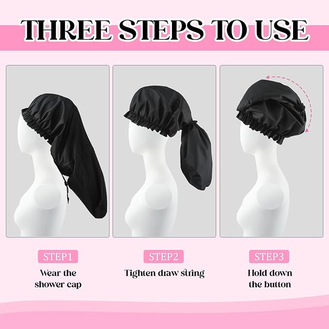 2 Pcs Large Shower Cap for Braids, Extra Long Shower Cap for Women Long Hair & Locs, Waterproof Hair Bonnets for Dreadlocks Drawstring Bath Caps for Women & Men (Black, Grey)