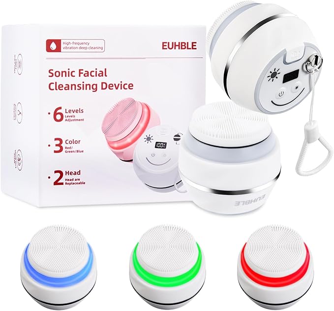 Electric Facial Cleaner with 6 Modes & 3 Light Effects, Rechargeable Waterproof Face Scrubber for Women and Men, Includes Extra Brush Head, Easy-Clean Hanging Design (White)
