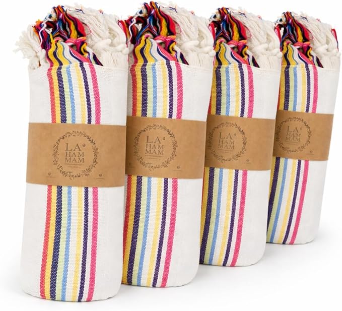 Morrocan Beach Towel | Cotton Blanket Throws, Easy to Carry, Sand Free, Absorbent, Quick Dry, Turkish Towels for Travel Camping Bath Sauna Beach Gym Fitness Pool Yoga SPA by Lahammam, Carnaval 4 Pack