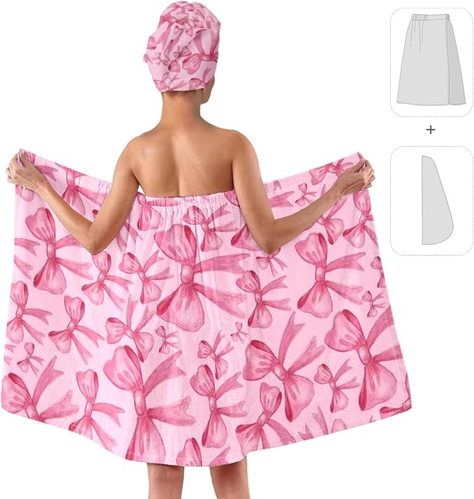 Pink Bow Bath Wrap with Hair Drying Cap – Soft Microfiber Quick Dry Shower Towel Skirt Set for Women, Teens, Girls, Spa, Gym, Pool, and Travel (Bow 5)